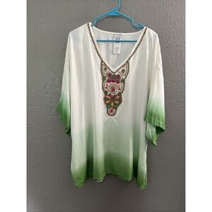 Chicos Tunic Sz‎ 3 16 Bead Embellished Kurta Blouse Green Ombre Beachy Light